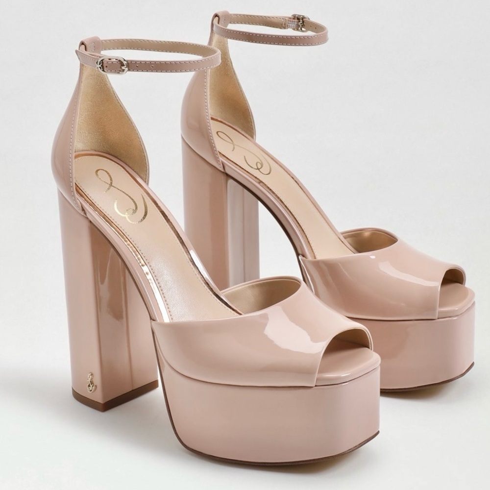 Sam Edelman Nude Patent Platform Peep-Toe Ankle Strap Heels